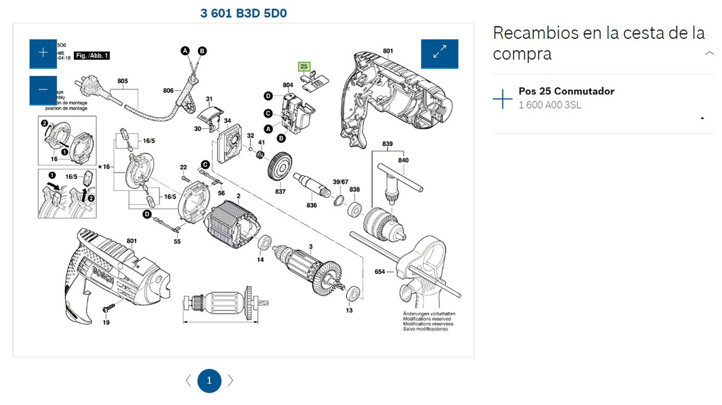 Palanca de Cambio Taladro GSB 13 RE / 3 601 B3D 5D0 / BOSCH-