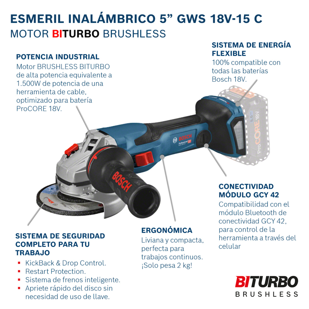 Amoladora 4 1/2&quot; GWS 18V-15 C / BARETOOL / BOSCH-