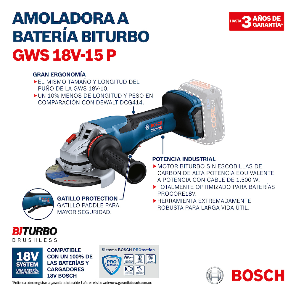 Amoladora 4 1/2&quot;  GWS 18V-15 P / BITURBO / BARETOOL / BOSCH-
