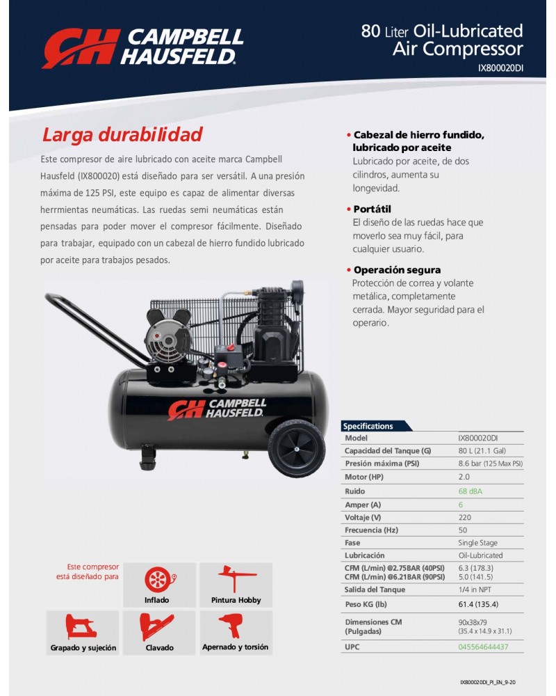 Compresor 2 HP 20 Gal CAMPBELL HAUSFELD / BOSCH-