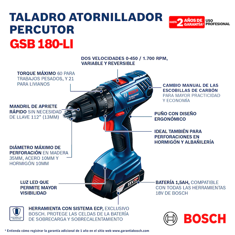 Taladro inalambrico 18 BOSCH Voltios GSB 180-LI + PERCUCION / BOSCH-8-B-1