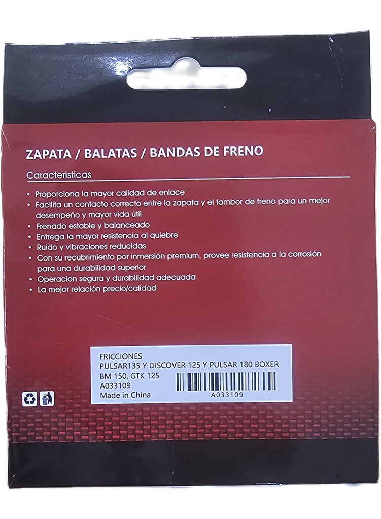 Fricciones Trasera Freno / MOTO / DISCOVER 125, 135, 150 F / PULSAR 135LS / BOXER BM150 / GIROLDI / BOSCH-