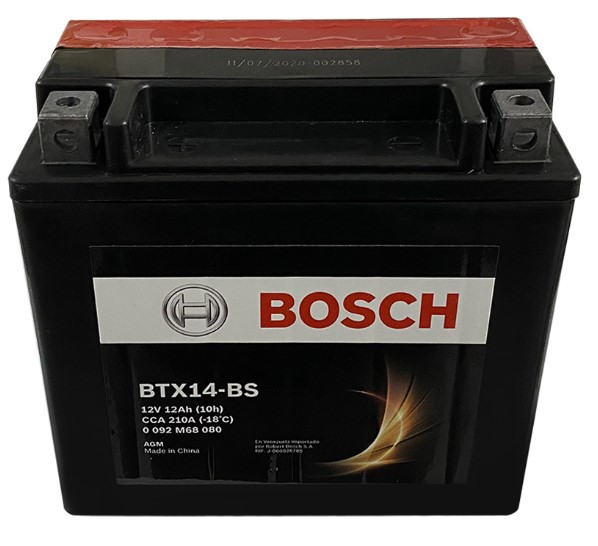 Bateria Motocicleta Bosch 12Ah 12V BTX14-BS + - AGM VRLA CCA210 Borne cubo  15x8.7x14.5cm