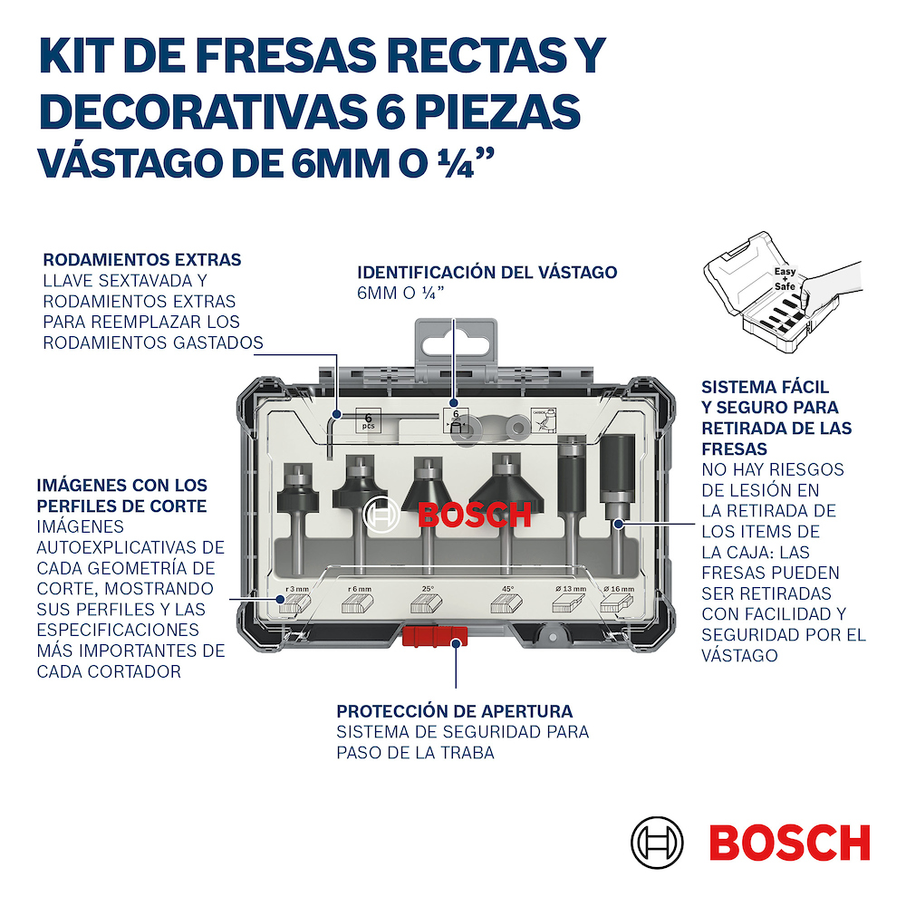 Juego de Fresas para Router de 6 Piezas Rectas V  1/4 / BOSCH-