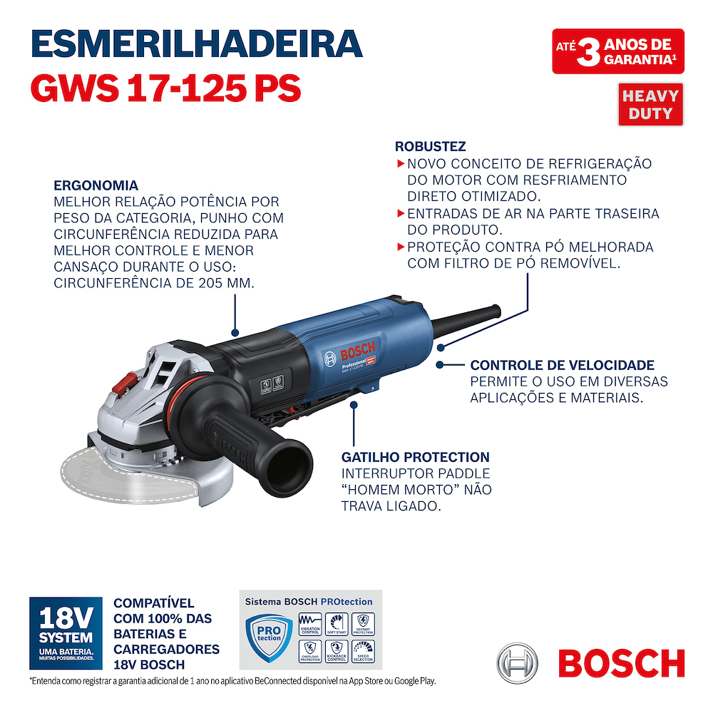 Amoladora 5&quot; BOSCH GWS 17-125 PS / Alemana / EJE 14 mm / BOSCH-