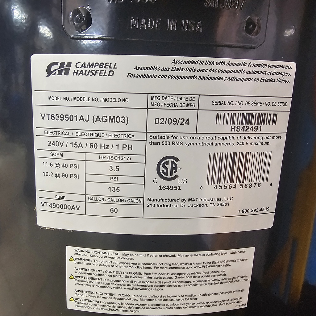 Compresor 3.5 HP 60 Gal CAMPBELL HAUSFELD / NEGRO / DEWALT-