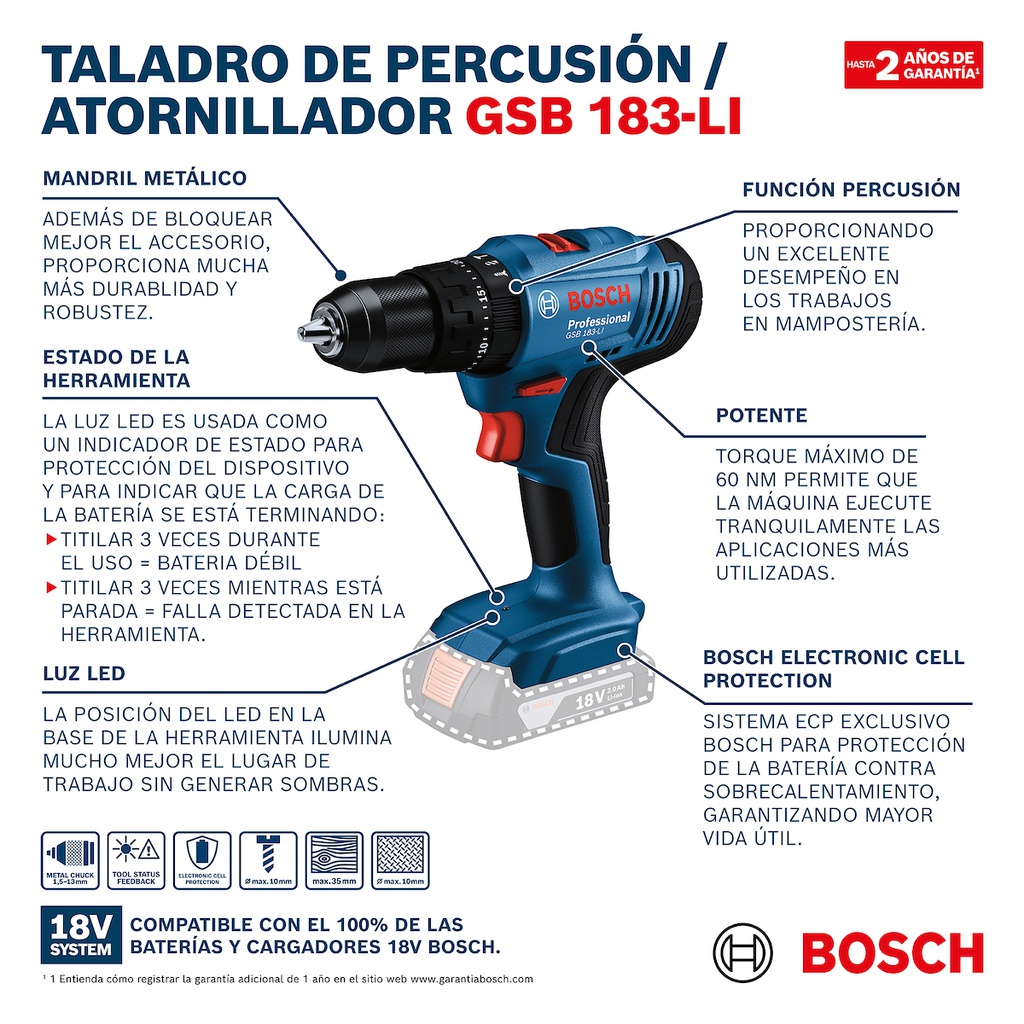 Taladro inalambrico 18V BOSCH GSB 183-LI + PERCUCION / 2- Bateria 1- Cargador / BOSCH-