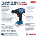 Taladro inalambrico 18V BOSCH GSB 183-LI + PERCUCION / 2- Bateria 1- Cargador / BOSCH-