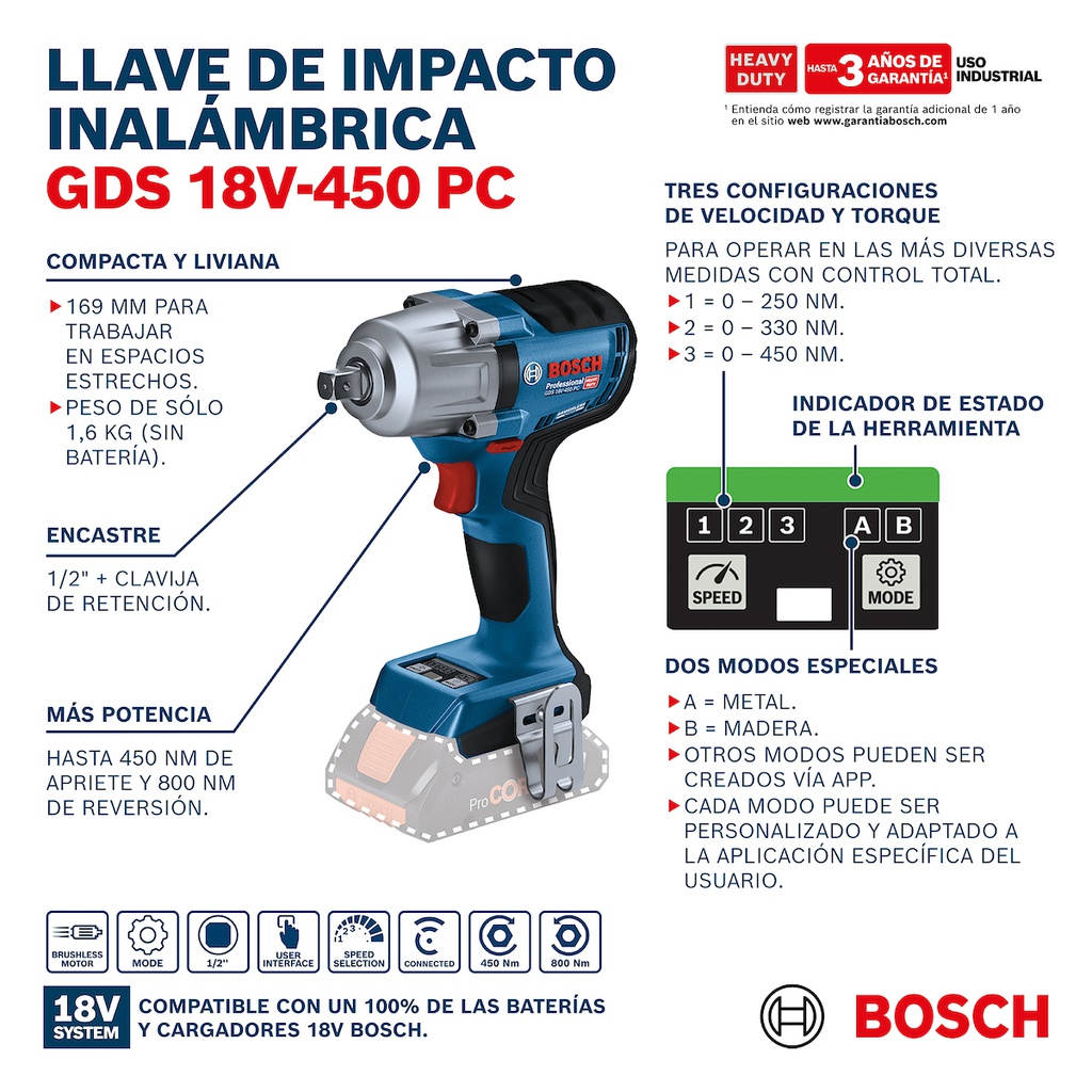 Pistola de Impacto 1/2&quot; GDS 18V-450 PC 18 V / 450 NM  / BARETOOL / BOSCH-