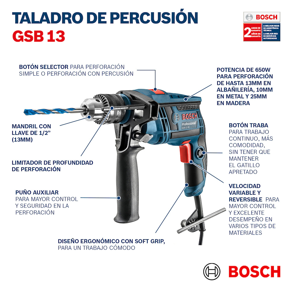 Taladro 1/2&quot; BOSCH GSB 13 RE 650 Watts CAJA PLASTICA / BOSCH-7-B-4