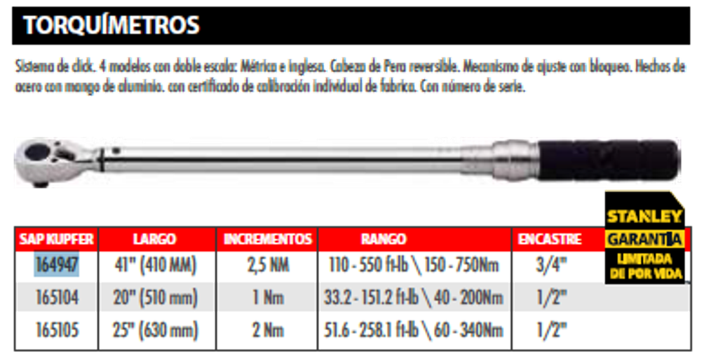 Torquimetro / 3/4&quot; / 110 - 550 Pies/Libras / 150 - 750 Nm / INCREMENTO 2.5 Nm /STANLEY / DEWALT-