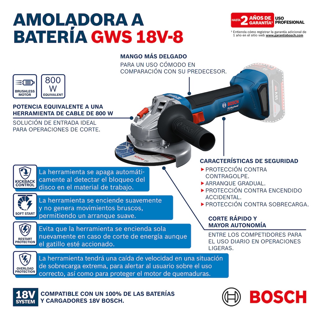 Amoladora 4 1/2&quot;  GWS 18V-8 / BARETOOL / BOSCH-