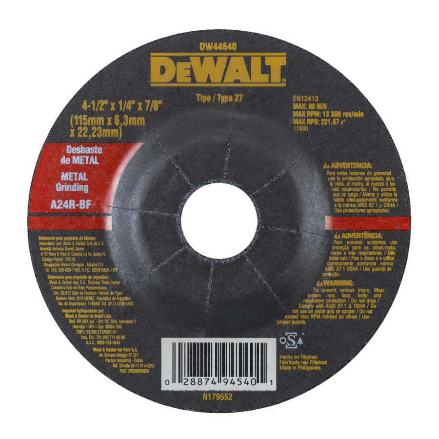 Disco abrasivo 4 1/2" Pulir Metal / 4 1/2" X 1/4" X 7/8" ( 115 X 6,3 X 22.23MM ) / DEWALT-2-C-3-A-1