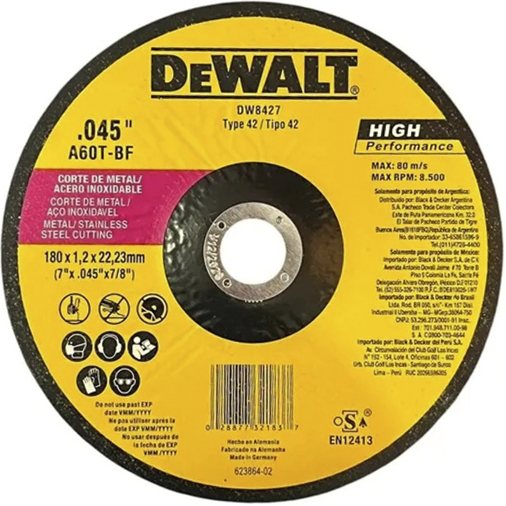 Disco abrasivo 7" Corte INOX lamina / Concavo / 7" X 0.45" X 7/8" ( 180 X 1.2 X 22.23MM ) / DEWALT-2-C-3-D-1