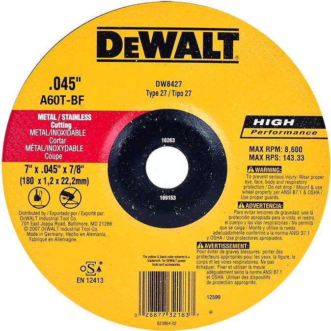 Disco abrasivo 7&quot; Corte INOX lamina / Concavo / 7&quot; X 1/16&quot; X 7/8&quot; ( 180 X 1.2 X 22.23MM ) / DEWALT-2-C-3-C