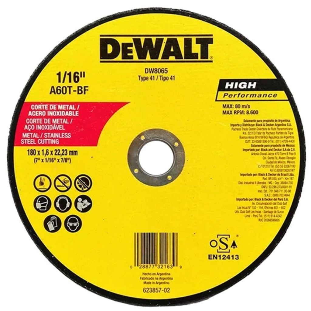 Disco abrasivo 7" Corte INOX lamina / Plano / 7" X 1/16" X 7/8" ( 180 X 1.6 X 22.23MM ) / DEWALT-3-D-3-F
