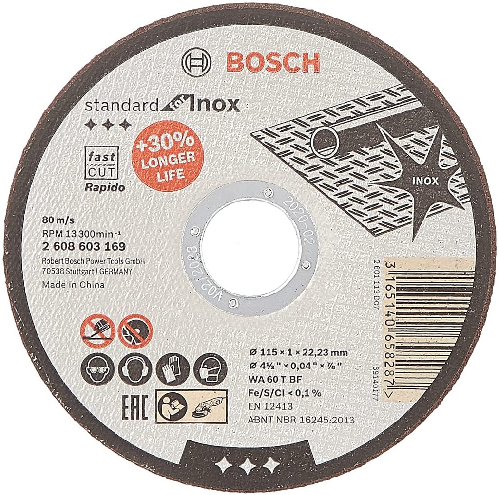 Disco abrasivo 4 1/2&quot; X 1 mm Corte INOXIDABLE lamina / STANDARD / 4 1/2&quot; X 3/64&quot; X 7/8&quot; (115 X 1 X 22.23MM) / BOSCH-