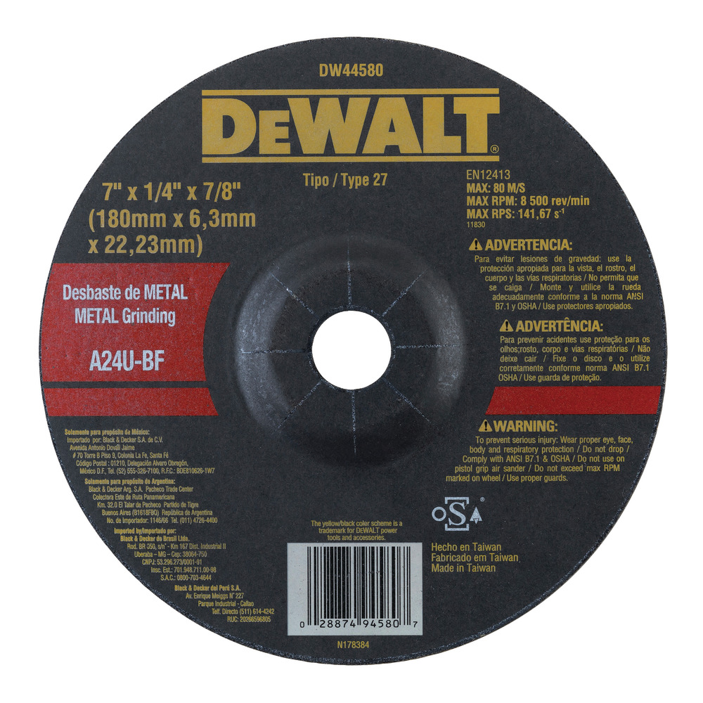 Disco abrasivo 7" Pulido metal / Concavo / 7" X 1/4" X 7/8" ( 180 X 6.3 X 22.23MM ) / DEWALT-3-C-3-C