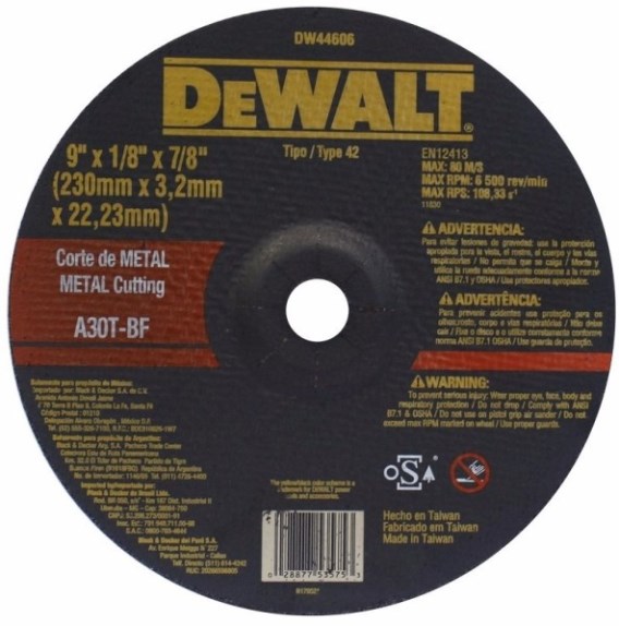 Disco abrasivo 9&quot; Corte metal DEWALT / Concavo / 9&quot; X 1/8&quot; X 7/8&quot; (230 X 3,2 X 22.23MM) / DEWALT-3-B-2-3-A-1