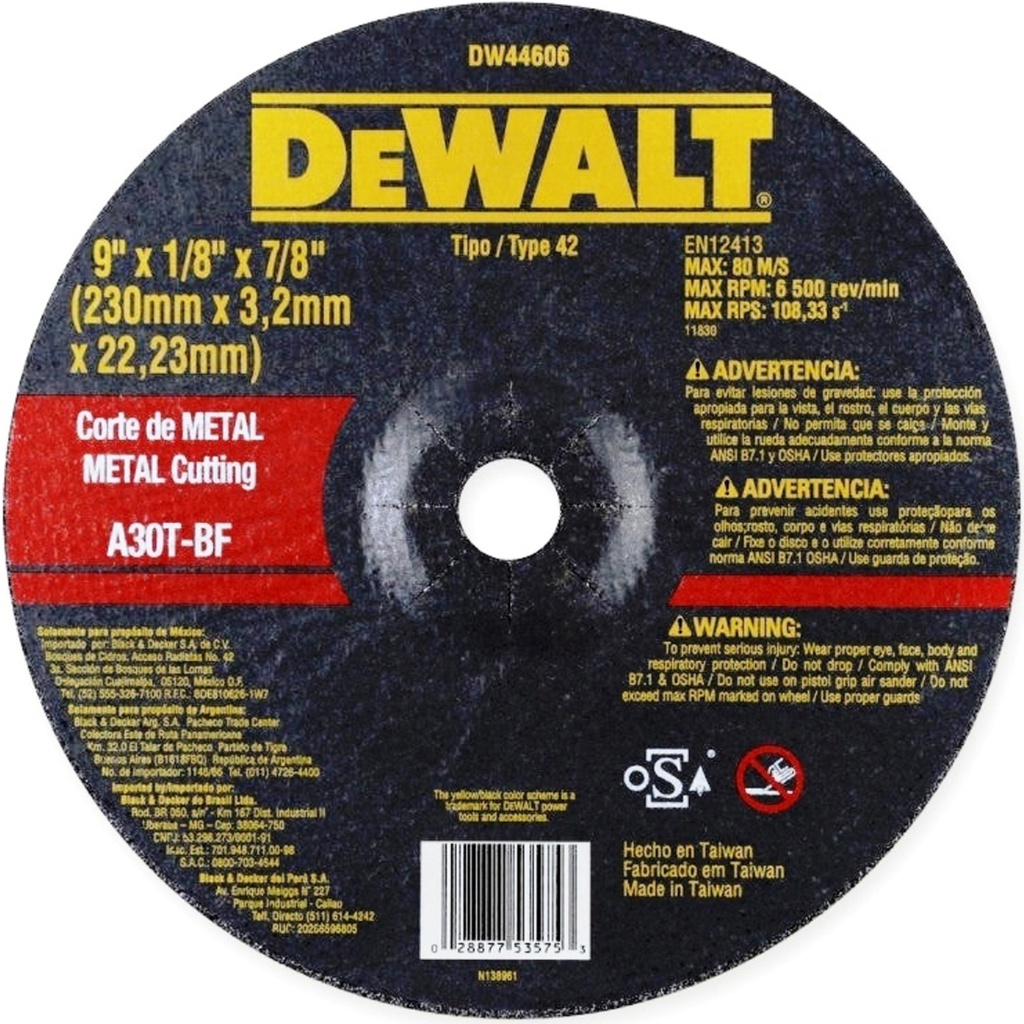 Disco abrasivo 9" Corte metal DEWALT / Concavo / 9" X 1/8" X 7/8" (230 X 3,2 X 22.23MM) / DEWALT-3-B-3-A-1/17-B-1-B