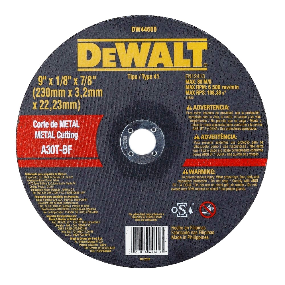 Disco abrasivo 9&quot; Corte metal DEWALT / Concavo / 9&quot; X 1/8&quot; X 7/8&quot; (230 X 3,2 X 22.23MM) / DEWALT-3-B-3-A-1