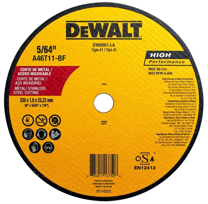 Disco abrasivo 9&quot; Corte metal DEWALT / Plano / INOX /  9&quot; X 5/64&quot; X 7/8&quot; (230 X 1,9 X 22.23MM) / DEWALT-3-C-3-C