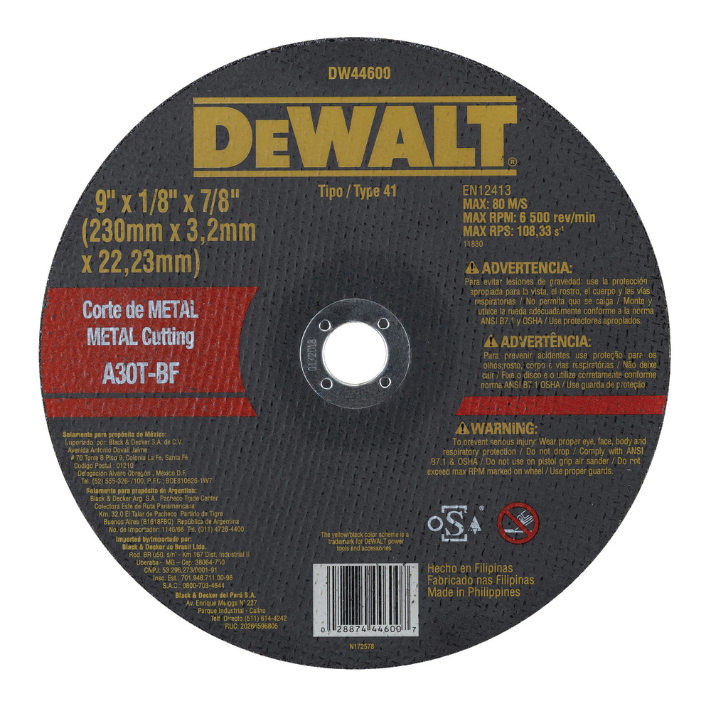 Disco abrasivo 9&quot; Corte metal DEWALT / Plano / 9&quot; X 1/8&quot; X 7/8&quot; (230 X 3,2 X 22.23MM) / DEWALT-2-B-3-C