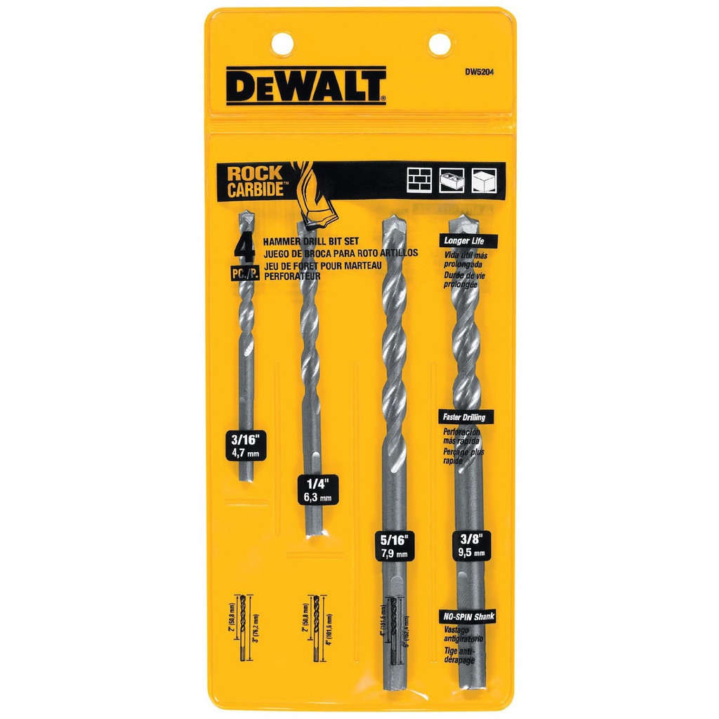 Broca Concreto DeWalt Rock CARBIDE 3/16&quot; / 1/4&quot; / 5/16&quot; / 3/8&quot; / DEWALT-Tabla-4