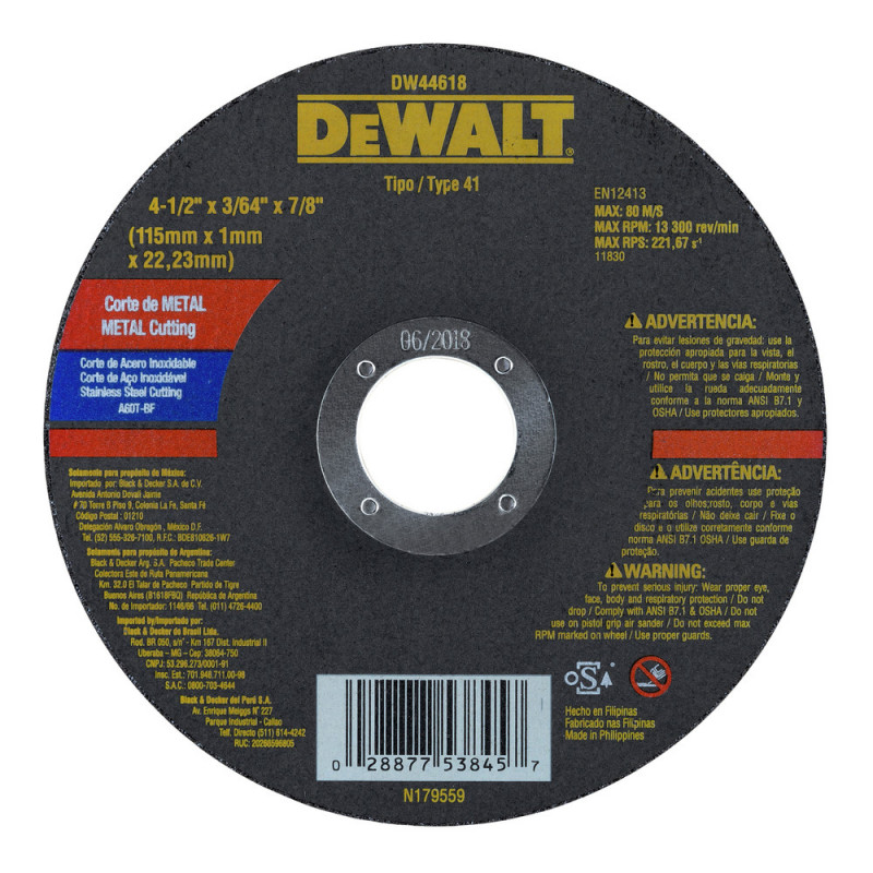 Disco abrasivo 4 1/2&quot; X 1mm Corte INOX / 4 1/2&quot; X 3/64&quot; X 7/8&quot; ( 115 X 1 X 22.23MM ) / DEWALT-2-C-3-B