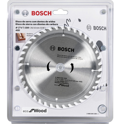 [2608644330] Disco Sierra Circular 7 1/4" 40D BOSCH / ECO / MADERA / Eje 20-16 mm ( 5/8" ) / BOSCH-TABLA-7