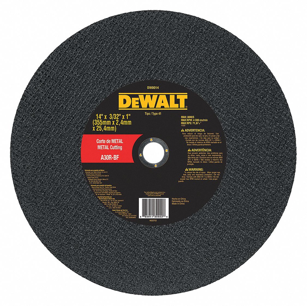 Disco abrasivo 14&quot; corte metal  1M / 2.4 mm / DEWALT-