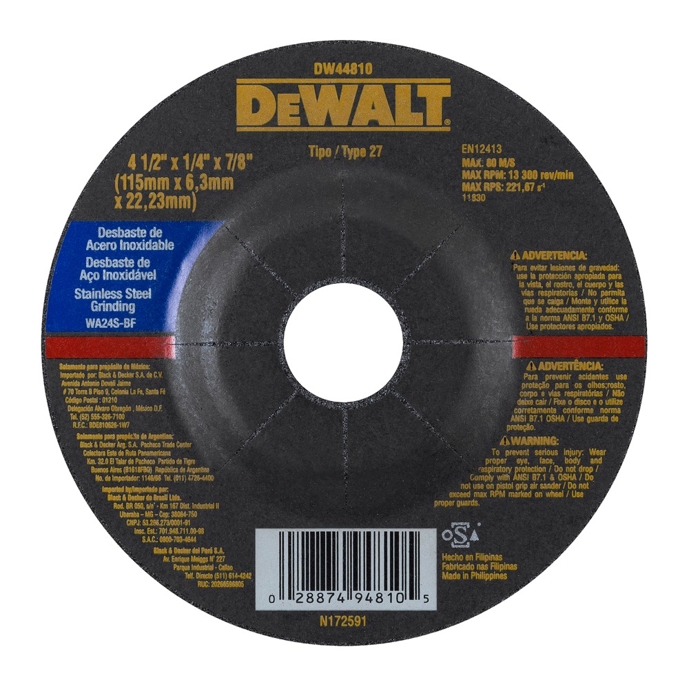 Disco abrasivo 4 1/2&quot; Pulir INOX / 4 1/2&quot; X 1/4&quot; X 7/8&quot; ( 115 X 6,3 X 22.23MM ) / DEWALT-2-C-3-A