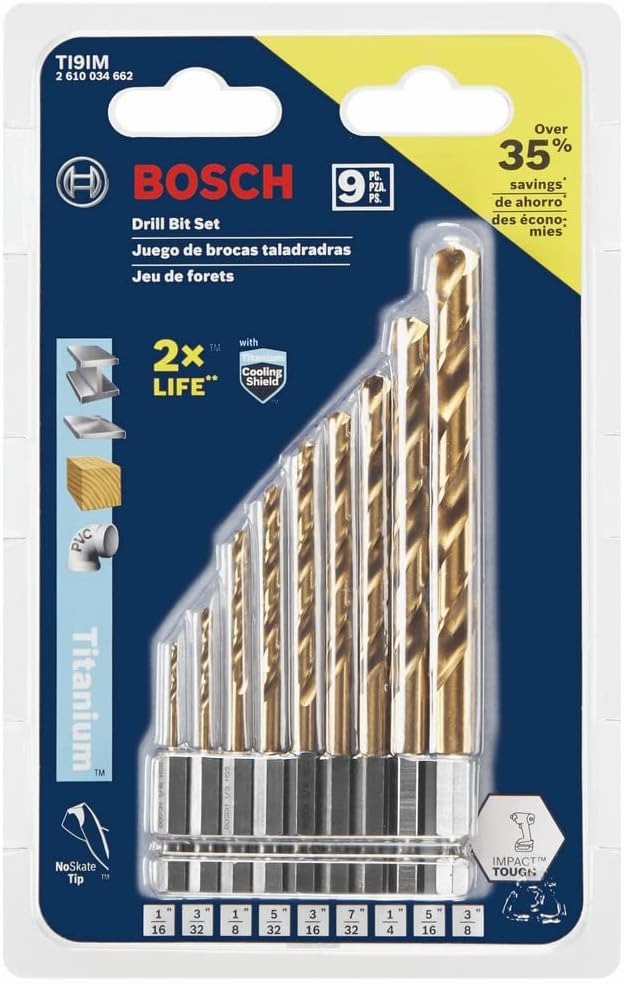 Juego de 9 Brocas 1/16&quot; a 3/8&quot; / TITANIO / Vastago HEXAGONAL / TI9IM / BOSCH-