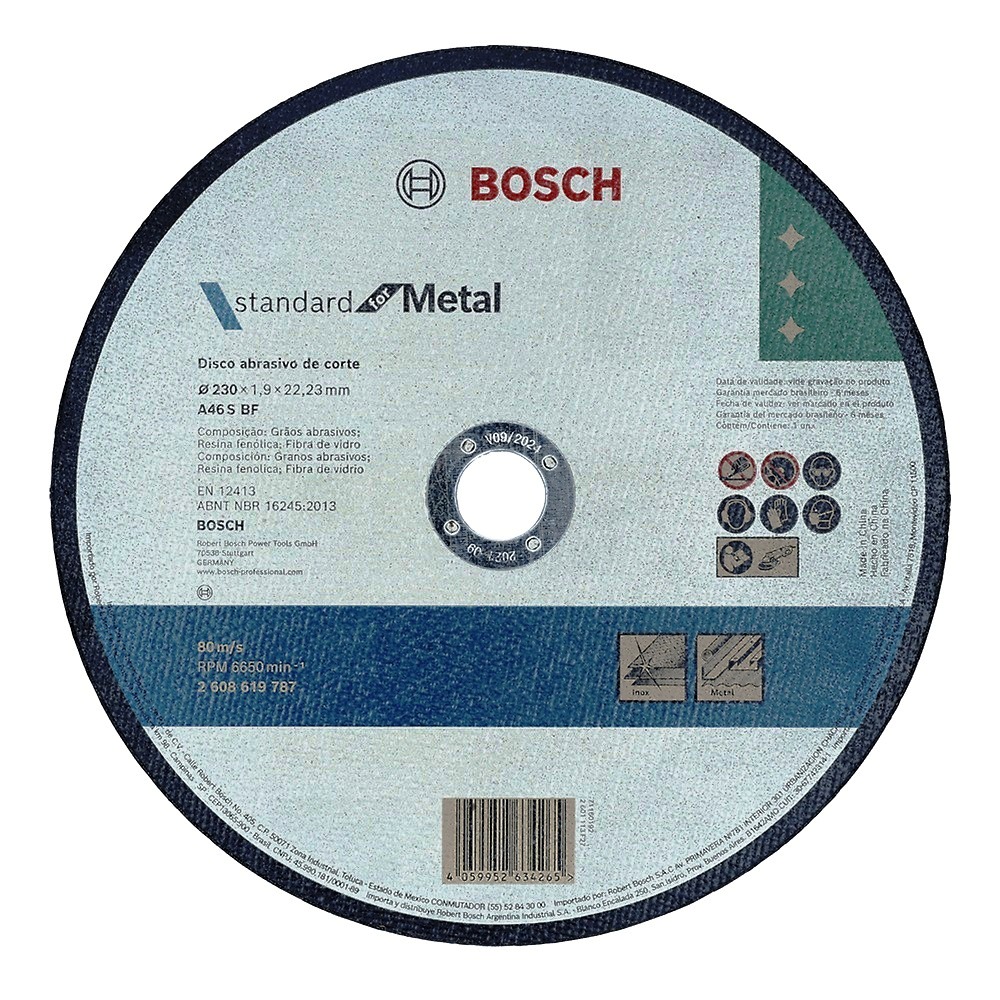 Disco abrasivo 9&quot; Corte metal Plano / STANDARD / 9&quot; X 5/64&quot; X 7/8&quot; (230 X 1.9 X 22.23MM) / BOSCH-