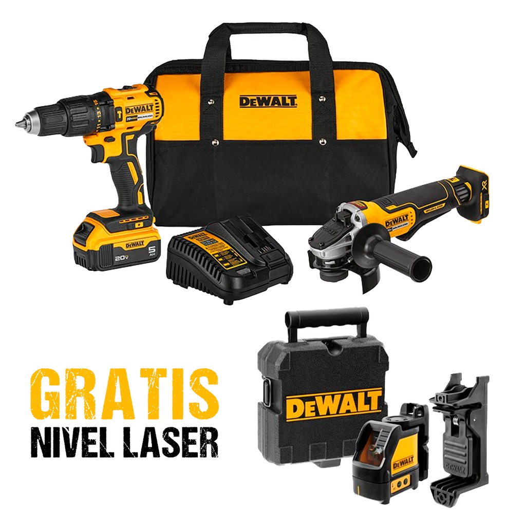 Combo Taladro DCK248P1-B3 / DCD7781+DCG413 / 1 Bateria 5 Amp / 1 Cargador / 20 Voltios + DW088CG / DEWALT-7-B-1-A