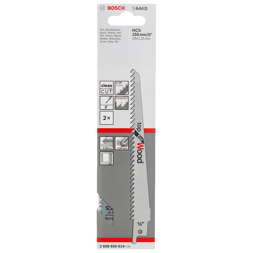 Sierra / 'Cuchilla Sable BOSCH 6" S644 D Corte Madera / Trozos / 2 Unidades / BOSCH-
