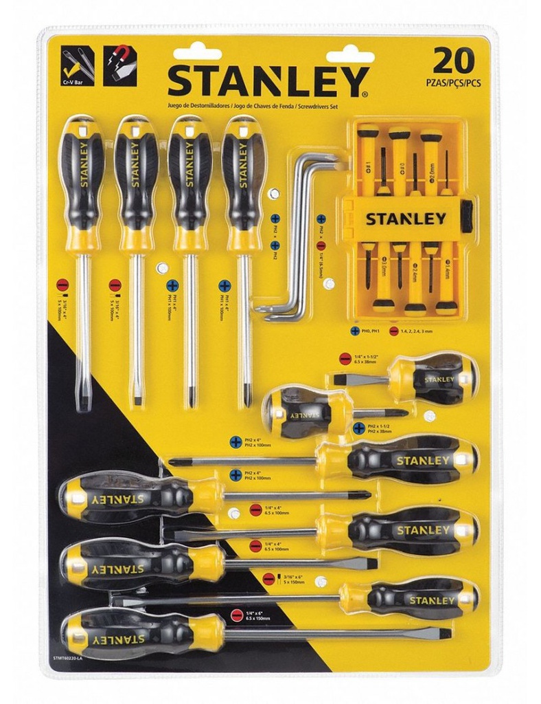 Desarmadores KIT STANLEY de 20 PZAS / PHILLIPS CASTIGADERA / DEWALT-17-C-3-A