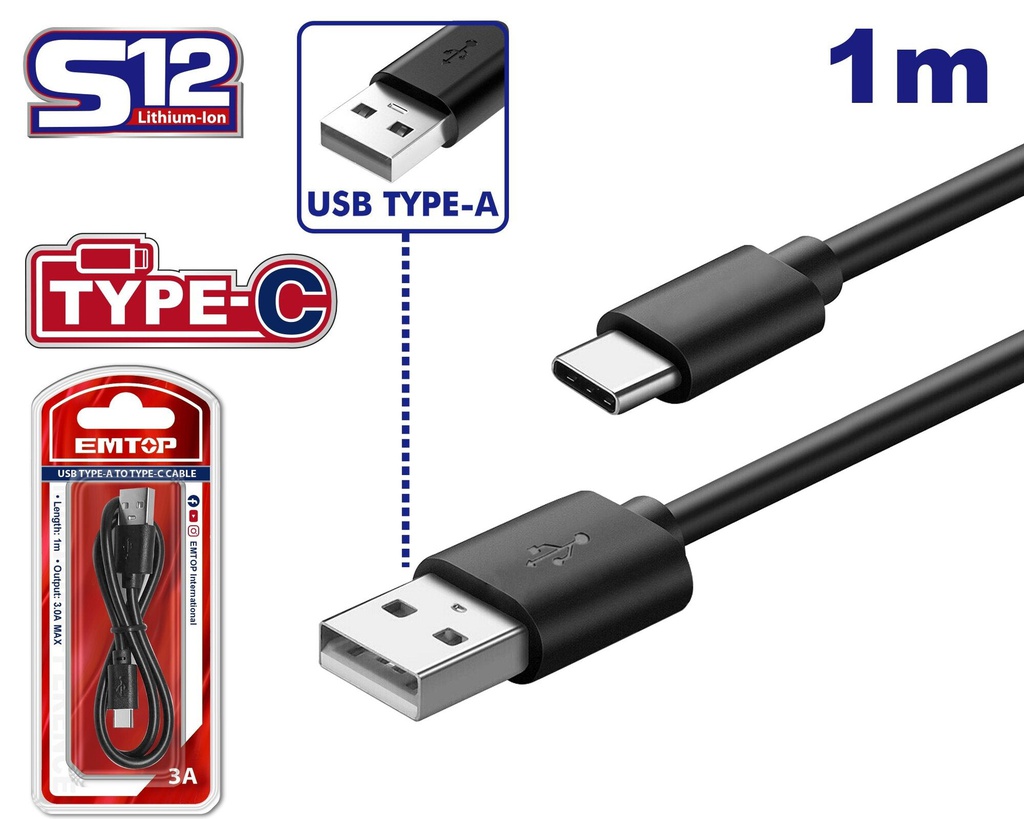 Cable USB Tipo A Tipo C de 1 Metro de Largo Marca EMTOP / DEWALT-2-A-3-C