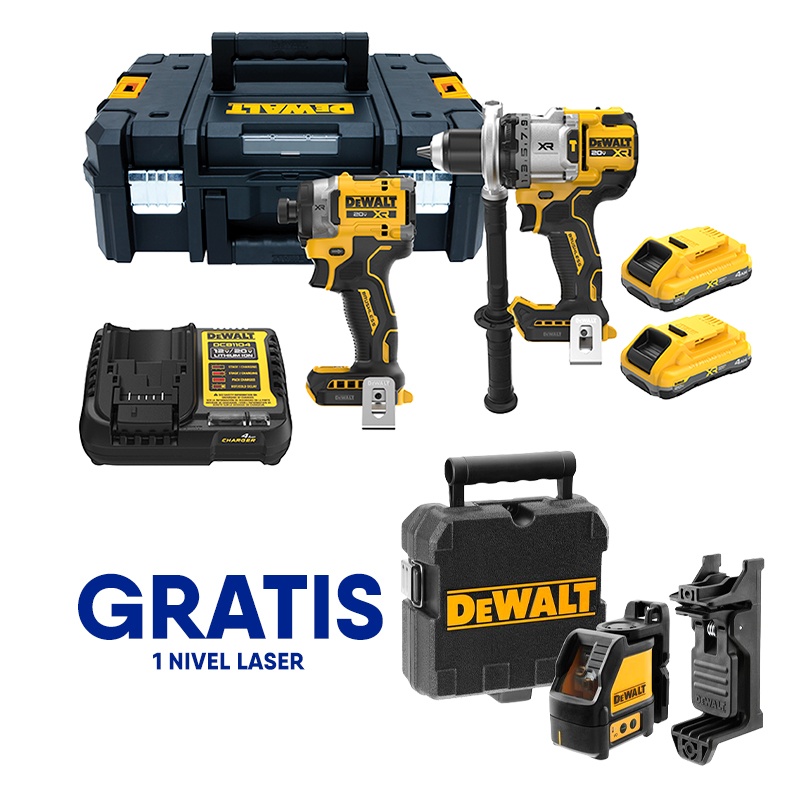 Combo Taladro DCD1007+DCF845 / 2 Bateria 4 Ah / 20 V / GRATIS DW088CG / DEWALT-