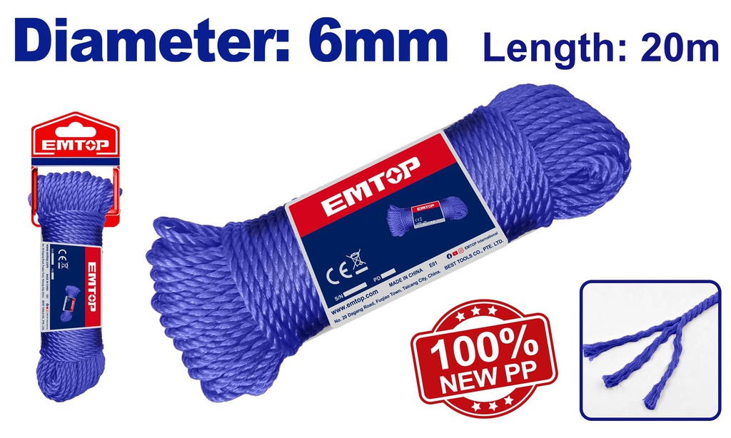 Cuerda 6 mm X 20 Metros  / EMTOP / DEWALT-