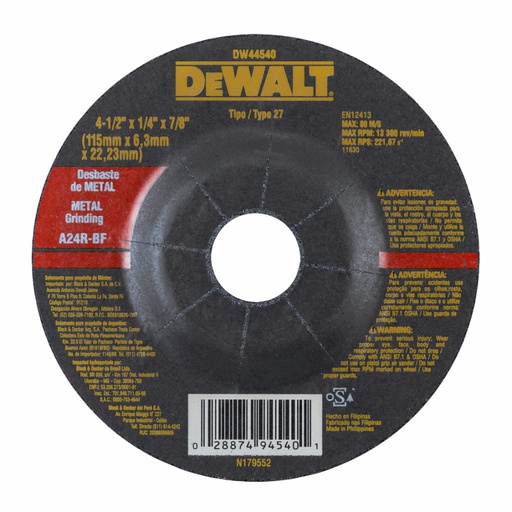 [DW44540] Disco abrasivo 4 1/2&quot; Pulir Metal / 4 1/2&quot; X 1/4&quot; X 7/8&quot; ( 115 X 6,3 X 22.23MM ) / DEWALT-2-C-3-A-1
