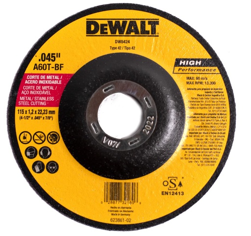 [DW8424] Disco abrasivo 4 1/2" X 1mm Corte INOX / 4 1/2" X .045" X 7/8" ( 115 X 1.2 X 22.23MM ) / DEWALT-3-E-1-D