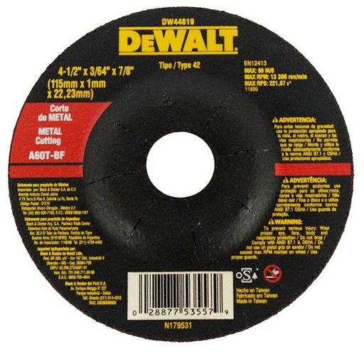 [DW44619] Disco abrasivo 4 1/2&quot; X 1mm Corte INOXIDABLE lamina DEWALT / DEWALT-