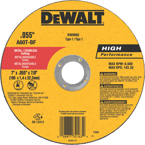 [DW8065] Disco abrasivo 7" Corte INOX lamina / Plano / 7" X 0.55" X 7/8" ( 180 X 1 X 22.23MM ) / DEWALT-3-D-3-F