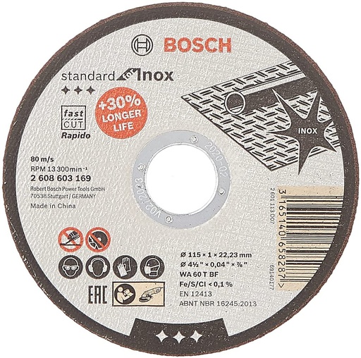 [2608603169] Disco abrasivo 4 1/2" X 1 mm Corte INOXIDABLE / STANDARD / 4 1/2" X 3/64" X 7/8" (115 X 1 X 22.23MM) / BOSCH-7-C-1