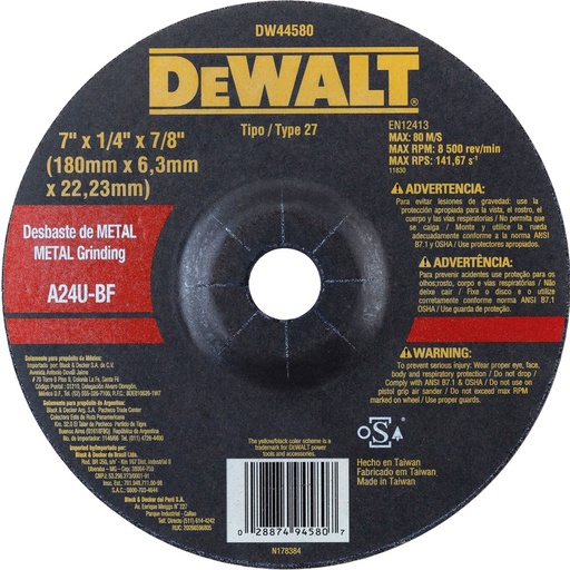 [DW44580] Disco abrasivo 7" Pulido metal / Concavo / 7" X 1/4" X 7/8" ( 180 X 6.3 X 22.23MM ) / DEWALT-3-C-3-C