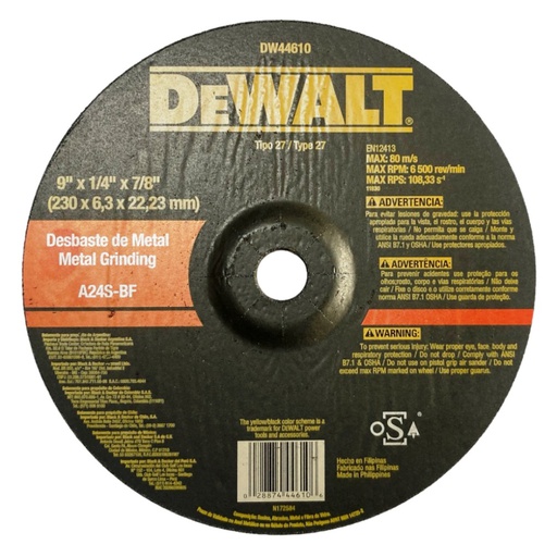 [DW44610] Disco abrasivo 9" Pulido metal DEWALT / Concavo / 9" X 1/4" X 7/8" (230 X 6,3 X 22.23MM) / DEWALT-3-E-1-A/17-B-2-A