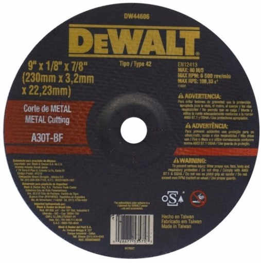 [DW44606] Disco abrasivo 9&quot; Corte metal DEWALT / Concavo / 9&quot; X 1/8&quot; X 7/8&quot; (230 X 3,2 X 22.23MM) / DEWALT-3-B-2-3-A-1