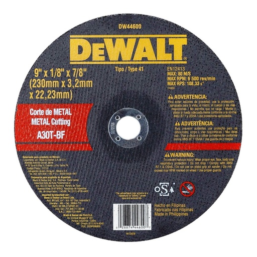 [DW44606] Disco abrasivo 9&quot; Corte metal DEWALT / Concavo / 9&quot; X 1/8&quot; X 7/8&quot; (230 X 3,2 X 22.23MM) / DEWALT-3-B-3-A-1