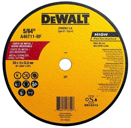 [DW8067-LA] Disco abrasivo 9" Corte metal DEWALT / Plano / INOX /  9" X 5/64" X 7/8" (230 X 1,9 X 22.23MM) / DEWALT-3-C-3-D